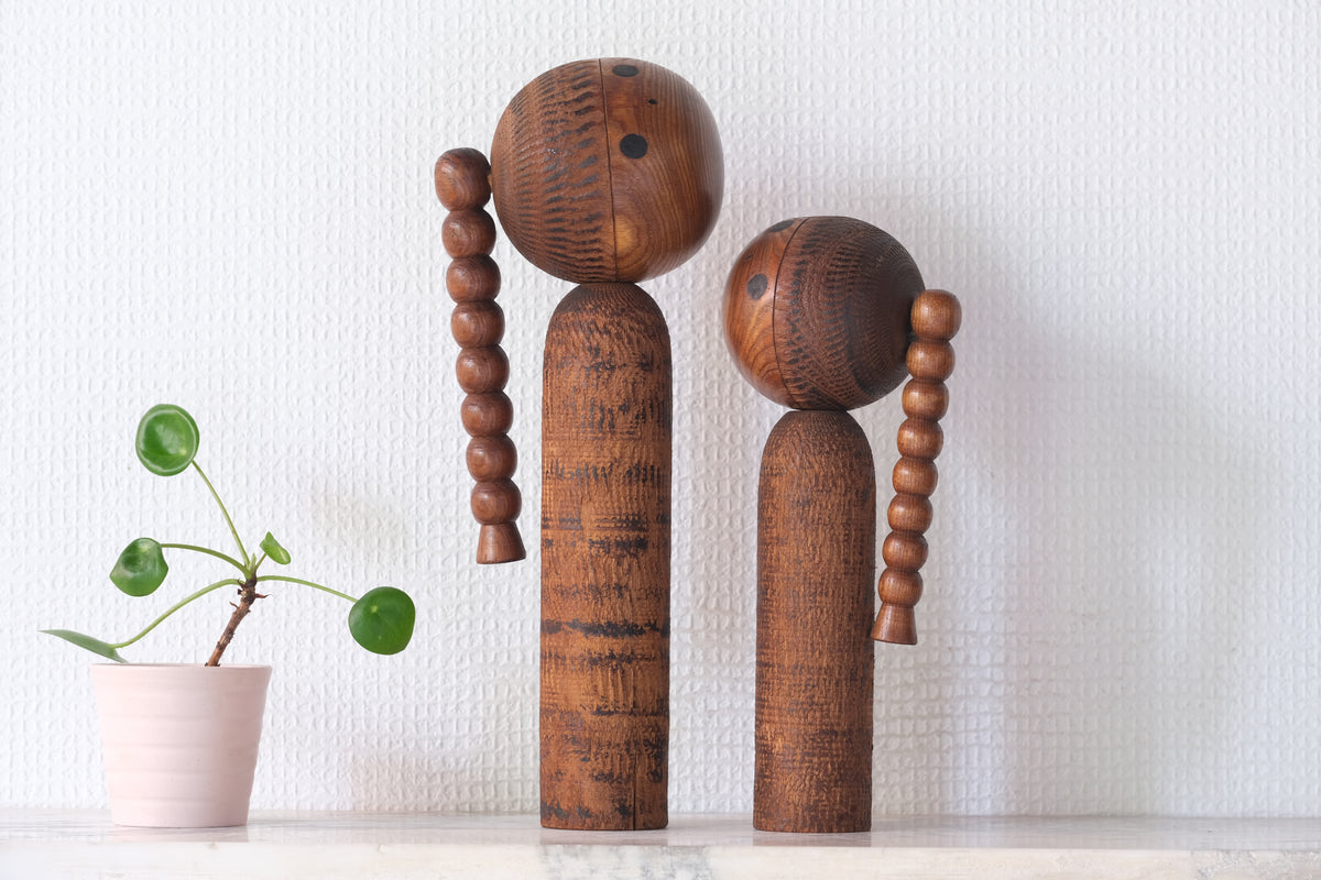 Set of Ponytail Kokeshi Art by Hideo Ishihara (1925-1999) | 22 cm and 28 cm