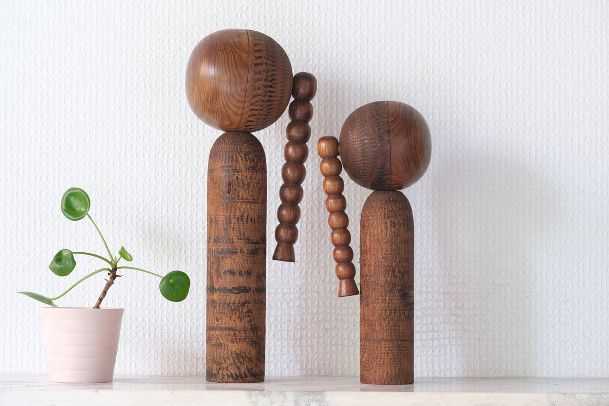 Set of Ponytail Kokeshi Art by Hideo Ishihara (1925-1999) | 22 cm and 28 cm