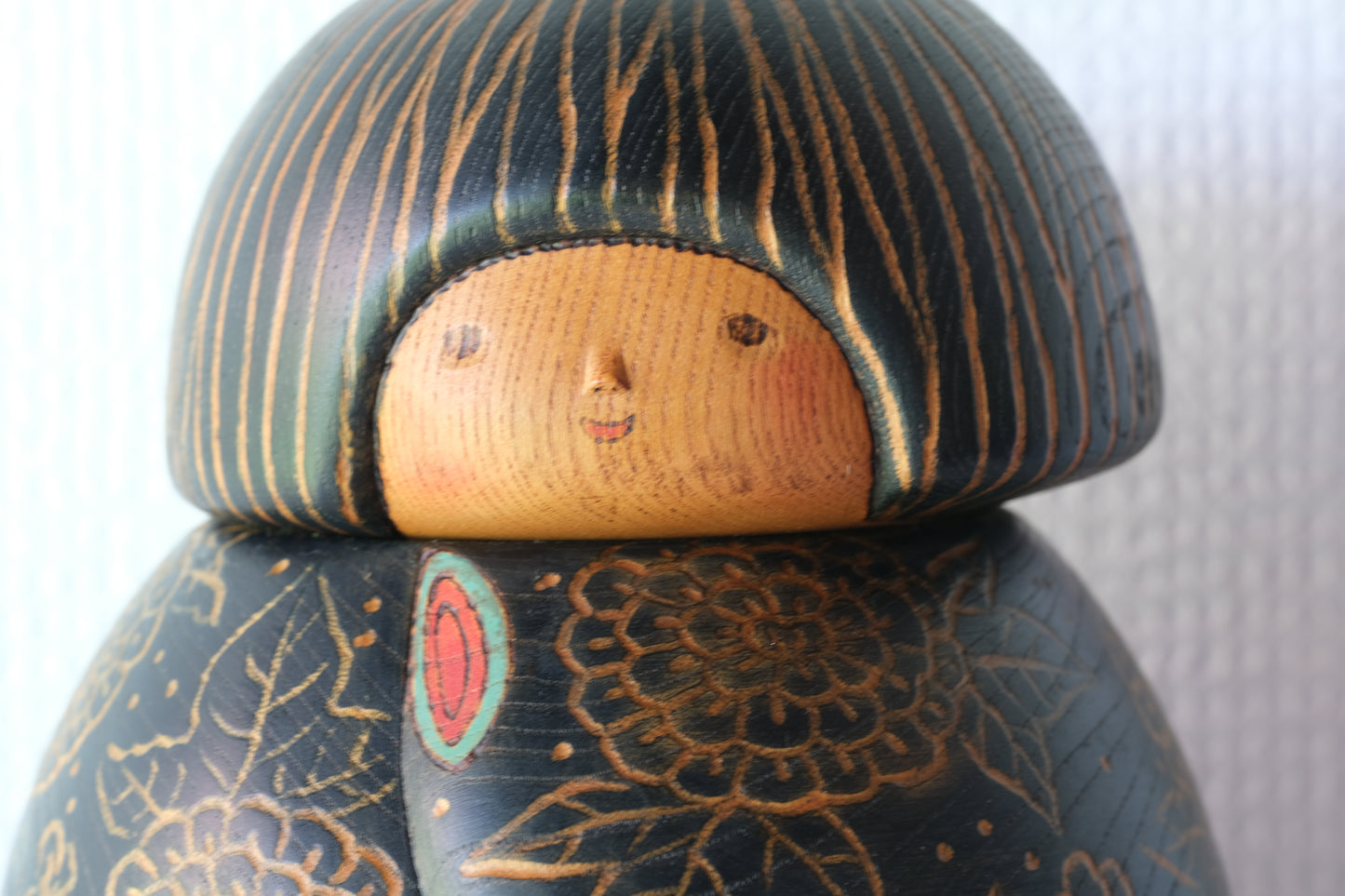 Kokeshi Art by Sansaku Sekiguchi 関口 三作 (1925-2018) with Hydrangea Flowers