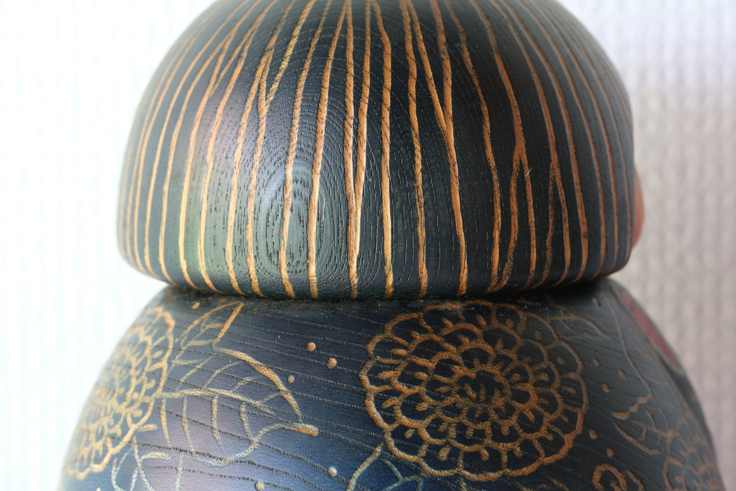 Kokeshi Art by Sansaku Sekiguchi 関口 三作 (1925-2018) with Hydrangea Flowers